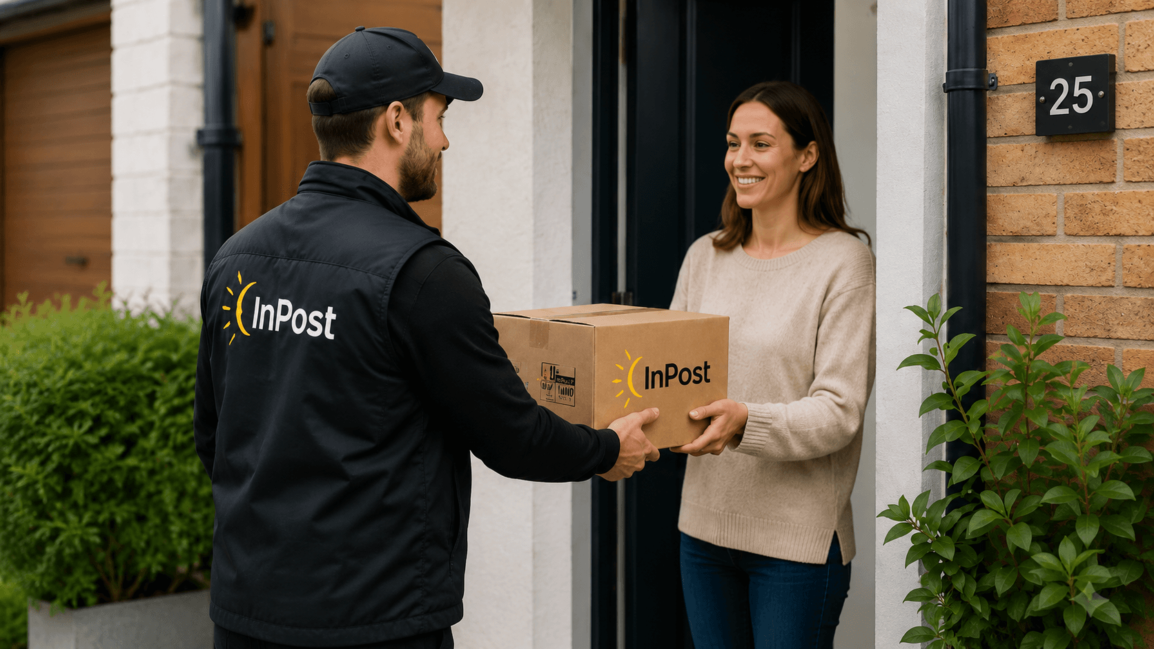 InPost courier handing a parcel to a customer at home