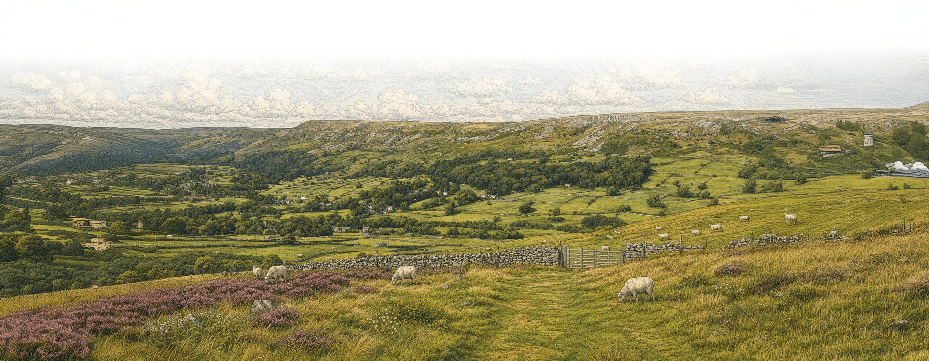 Yorkshire Dales landscape panorama stretching edge to edge above the site footer