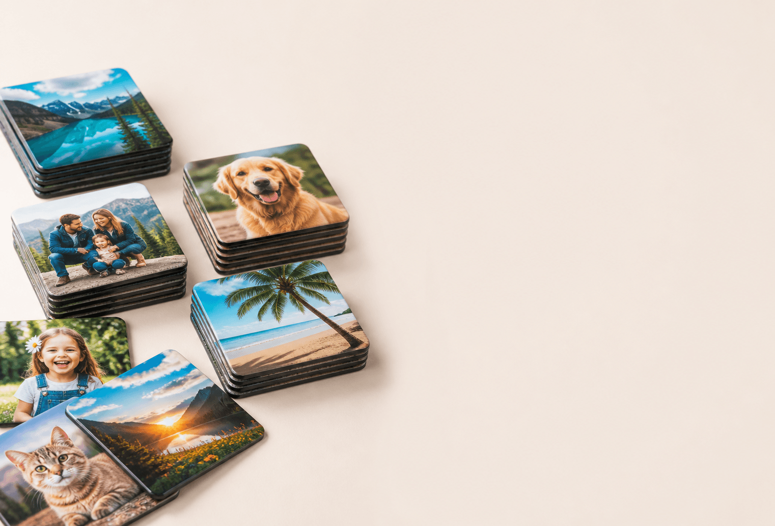 Stacks of personalised photo magnets arranged as multipacks